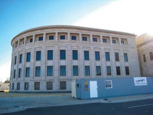 Figure 7: An exterior limestone cornice is located near the top of the exterior wall above the fourth floor of this building.