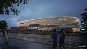 The new West End Soccer Stadium in Cincinnati, Ohio, features an expressive architectural form through a singular twisting motion. Image courtesy Populous