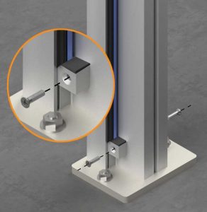 Countersunk screw and setting block attachment detail. The flat head screw fastens aluminum setting block to aluminum post.