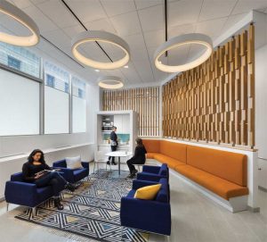 In the Staten Island Family Justice Center (New York), woodwork is in a soothing white oak with green accents to create a calming energy in both the waiting and children’s play areas. Photos © Paul Rivera