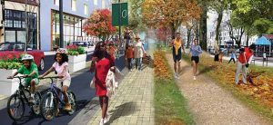 Artist rendering of cars, bikes, and pedestrians enjoying the connected travel path of Portland’s Green Loop. Image courtesy Portland’s planning and sustainability bureau