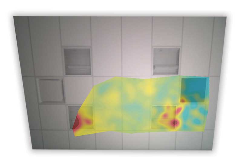 Figure 2: Ceiling panels with NRC ratings varying from 0.60 to 0.95 reflect different levels of noise (red and yellow) when they are below NRC 0.90, but absorb most noise (blue) at NRC 0.90 and above. The color scale represents wide band noise in decibels (dB).