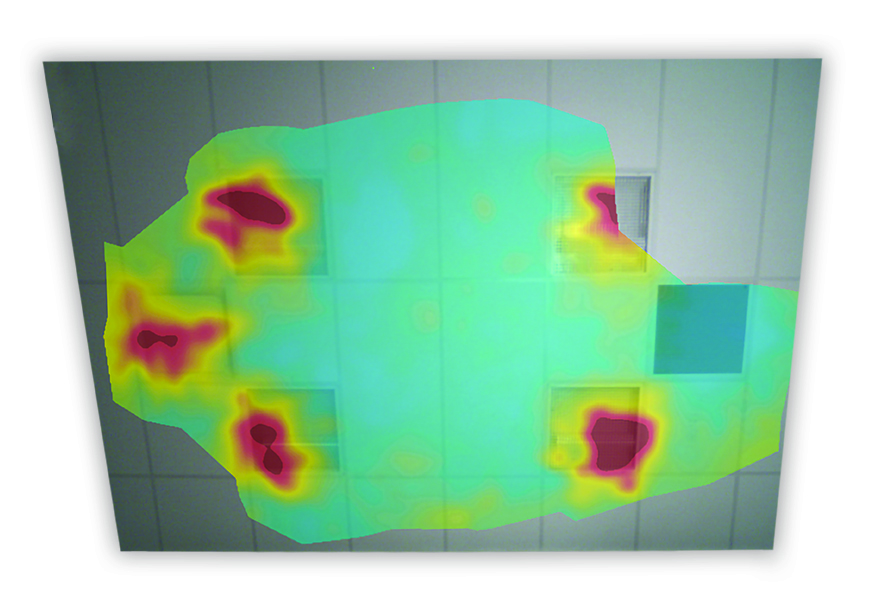 Figure 2: Ceiling panels with NRC ratings varying from 0.60 to 0.95 reflect different levels of noise (red and yellow) when they are below NRC 0.90, but absorb most noise (blue) at NRC 0.90 and above. The color scale represents wide band noise in decibels (dB).