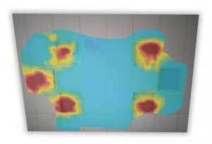 Figure 2: Ceiling panels with NRC ratings varying from 0.60 to 0.95 reflect different levels of noise (red and yellow) when they are below NRC 0.90, but absorb most noise (blue) at NRC 0.90 and above. The color scale represents wide band noise in decibels (dB).