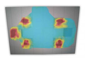 Figure 2: Ceiling panels with NRC ratings varying from 0.60 to 0.95 reflect different levels of noise (red and yellow) when they are below NRC 0.90, but absorb most noise (blue) at NRC 0.90 and above. The color scale represents wide band noise in decibels (dB).