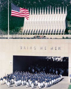 The Air Force Academy Cadet Area in Colorado Springs, Denver, was completed in 1958 and features concrete retaining walls finished with gray granite slabs.