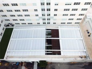 Advanced awning systems are engineered for long span applications such as this one at the Setai Hotel in Miami Beach, Florida.