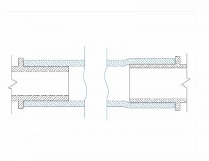 Cross-sectional comparison of insert fitting (left) versus cold-expansion with crosslinked polyethylene (PEX) compression-sleeve fitting (right) showing minimal reduction in inside diameter (ID) with negligible impact on flow rate.