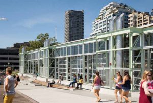 The steel-framed vendor pavilion at the MarketFront offers visitors a clear view of Elliot Bay and 47 table spaces for local artists and farmers to help support small business growth. Photos courtesy Tnemec Company, Inc.