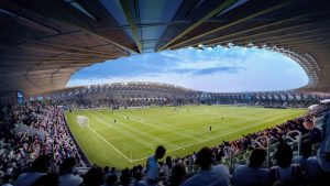 Planning permission for Ecopark Stadium in Gloucestershire, England, designed by Zaha Hadid Architects, has been approved. Rendering courtesy VA