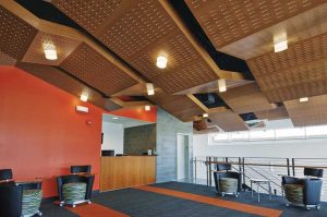 Acoustical clouds consisting of concealed wood veneer ceiling panels are suspended in a sloped, ribbon-like pattern at the Lyric Opera of Kansas City, Missouri. The panels are perforated in an oval, straight-slotted pattern and backed with a fiberglass infill for acoustical control.