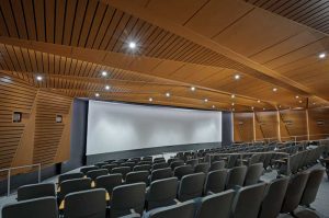 Linear wood ceiling panels control acoustics and heighten the visual of the theater at the College Football Hall of Fame in Atlanta, Georgia. Perforated and acoustically backed, the panels are installed in folded planes that go across the ceiling and down the walls.