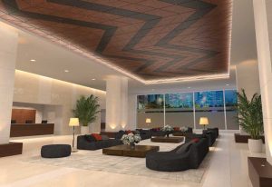 Wood ceiling panels are offered in triangles, trapezoids, and parallelograms as part of a new ceiling system that gives architects the ability to mix and match different panel shapes, sizes, colors, and textures.