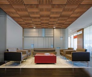 Wood grille ceilings are growing increasingly popular as design trends embrace the linear look. A wide choice of slat widths, heights, spacing, and number of slats per panel are offered.