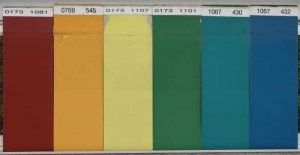 Figure 1: Early polyvinylidene fluoride (PVDF)-acrylic coatings, on exposure in Florida for more than 40 years. Unexposed portion of the coating is at the top. The number at the top left of each panel denotes the month and year of exposure. Typical coating thickness values are 25 μm (1 mils). The panels show gloss loss but no chalking. Image courtesy Arkema Inc.