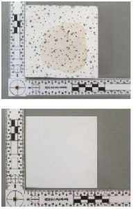 Figure 7: Mineral fiber acoustical panels were disfigured by almost all other staining agents tested, including this specimen tested with red wine. Thermoformed acoustic panels were resistant to all but a few of the agents tested. Photos © National Testing Systems