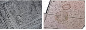 Figure 8: Water can stain mineral fiber panels by leaching contaminants to the surface and supporting the growth of mold. Thermoformed acoustic ceiling panels are impervious to water damage and water-borne stains. Images courtesy Ceilume