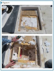 Figure 4: Typical invasive inspection opening above trusses (top) and below roof deck sheathing (bottom). Photos © Dwight Benoy