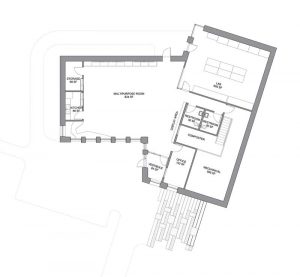  The floor plan of Nuthatch Hollow, an environmental classroom and research facility in Binghamton University (New York), shows the connection between the lab and multi-purpose room as well as the large percentage of the footprint devoted to the composter and mechanical space. Images © Ashley McGraw