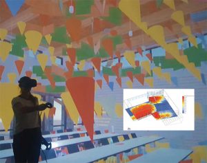 The virtual version of Nuthatch Hollow allows visitors to toggle on and off a three-dimensional representation of simulated daylight analysis that indicates direction via geometry and intensity through color. Image © Amber Bartosh and Ashley McGraw