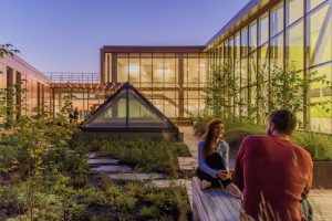 View of John W. Olver Design Building with transparent façade revealing the warm wood inside. Photo courtesy Albert Vecerka/Esto