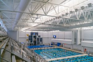 Fabric duct was used for the $48-million Aquatic Center at Mylan Park, Morgantown, West Virginia, to cut HVAC material and labor costs and fast-track the project. Photo courtesy FabricAir Ductwork 