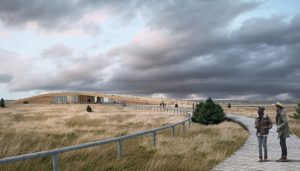 Snøhetta’s design for the library is defined by its unique roof rising from the butte, echoing the landforms of the surrounding Badlands. Image courtesy Snøhetta