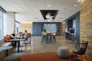 Greenberg Traurig’s Denver, Colorado, law offices used high-performing ceiling tiles to create a ‘next-generation’ workplace and meet sustainability and aesthetic goals. Photo © Ryan Gobuty (Gensler). Photo courtesy Rockfon