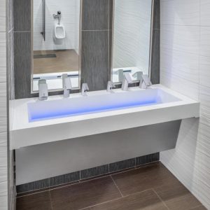 The Pasadena Convention Center, a premier meeting and events venue in Pasadena, California, upgraded its restrooms using touch-free sinks, faucets, soap dispensers, hand dryers, and sensor flushometers for water closets and urinals. Photo courtesy Sloan