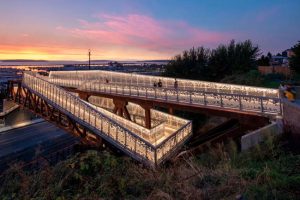 Seattle-based LMN Architects have completed the Grand Avenue Park Bridge in Everett, Washington. The bridge creates a new viewing platform and civic space with an inventive, accessible pathway. Photos courtesy LMN Architects 