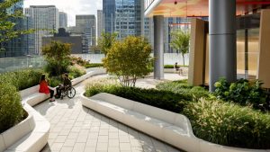 Therapy gardens at the Shirley Ryan AbilityLab (Chicago), designed by HDR and Gensler in association with Clive Wilkinson Architects, is a 2020 recipient of the American Institute of Architects (AIA) Academy of Architecture for Health (AAH) award. Photo © Dave Burk