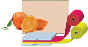 Custom color is achieved by combining colored PVB interlayers fused between two pieces of glass. Image courtesy  Eastman Corporation