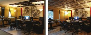 The original ceiling panels at OC Recording Company (left) emitted a bad odor and were falling apart and filling the air with dust and fibers, according to the owner of the Santa Ana (California)-based studio. He said that the replacement ceiling panels (right) improved the appearance, air quality, and acoustics of the space and he has, “noticed a lot less dust on my desk.” Photos courtesy OC Recording Company