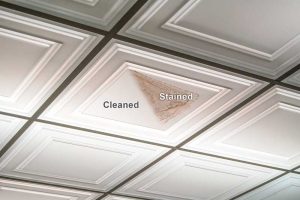 Water leaking through the floor deck above this ceiling leached dirt and contaminants that stained these back-illuminated thermoformed panels. The panels could be readily cleaned because they are stain resistant, impervious to water, and washable.