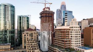 Stone wool rigid insulation boards were selected for the Mira Condominium Tower project in San Francisco to satisfy demands for excellent dimensional stability, high drying potential, superior energy efficiency, and sound control, as well as durability, fire resilience, and sustainability. Photo © Jason O’Rear