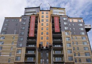 As one of the tallest wood buildings in North America, exceptional fire protection was a primary goal for the Origine Condominium Tower project in Québec City, Québec, Canada. Extensive pre-construction testing showed Origine’s building envelope—including a continuous layer of exterior stone wool semi-rigid board insulation—could exceed existing fire safety standards. Photo © ROCKWOOL North America