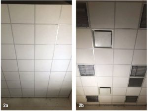 Figure 2: Three types of acoustic ceiling panels were tested without (2a) and with (2b) penetrations for light fixtures, supply air diffusers, and a return air grille.