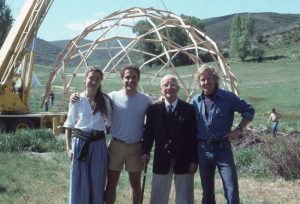 The Harvard Graduate School of Design (Harvard GSD) has created the R. Buckminster Fuller Professorship of Design Science. (Left to right) Amy C. Edmondson, John Katzenberger, Buckminster Fuller, and Thomas Crum (1982). Photo courtesy Amy C. Edmondson