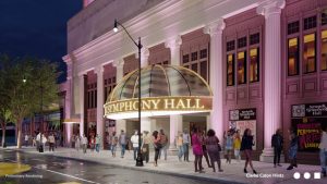 Newark Symphony Hall’s (New Jersey) five-year, $50-million restoration is underway. The design by Clarke Caton Hintz (CCH) includes a signature marquee and plaza reimagining a city block. Image courtesy CCH 