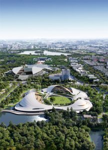 For the Jiaxing Civic Center, Jiaxing, China, MAD Architects designed an artistic entity on an urban scale; where architectural forms and landscapes fuse together. Rendering courtesy MAD Architects