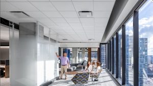 Anthem Technology Center, Atlanta, Georgia, finetunes its office space for wellness and collaboration with acoustic ceilings. Photo © Brandon Stengel, Farm Kid Studios. Photo courtesy Rockfon 