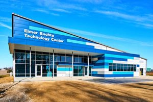 The Elmer Buchta Entrepreneurship & Technology Center (EBETC), Pike County, Indiana, welcomes visitors with a colorful metal façade. Photo © Chisum Multimedia. Photo courtesy John W. McDougall Company/Linetec 