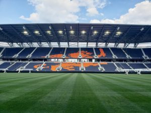 Architectural railing systems help create distinctive design elements at the TQL Stadium in Cincinnati, Ohio. Photo courtesy Trex Commercial Products