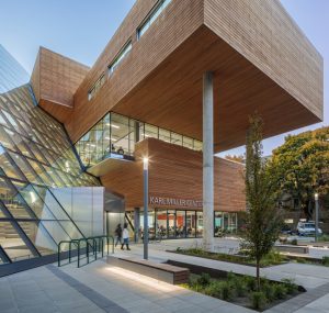 Glazing, metals, and wood help the Karl Miller Center, a renovation and major addition at Portland State University, create a new identity for its business program. Photo courtesy Brad Feinknopf/Janis Rozkalns