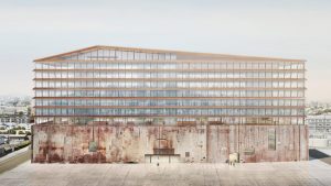 Vertical construction begins on a decommissioned power plant building which aims to reconnect the neighborhood to the San Francisco Bay. The project is designed by Herzog & de Meuron. Image © Herzog & de Meuron