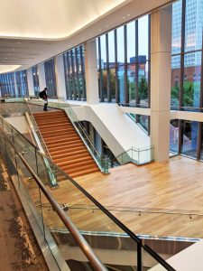 Track rail glass products were used at the Kentucky Convention Center (Louisville) to line the grand staircase, large stair landing, ramps, and overlooks, allowing natural light from the updated glass façade to flow through the multiple levels of the facility. Photo courtesy Trex Commercial Products