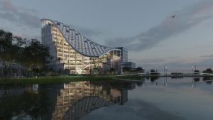 MVRDV designs the Lankuaikei Agriculture Development (LAD) headquarters in Shanghai, China, as an agricultural oasis in a rapidly developing urban area in the city. Image courtesy MVRDV