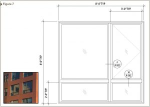 Inset image: Building elevation with a four-way mulled window assembly. Right: Typical elevation of a four-way mulled window assembly. 