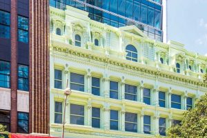 Aluminum window framing and panning was specified in a key lime color to complement the refreshed, renovated, historic, four-story facade of Macy’s in Brooklyn, New York.