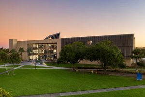 The campus view of the back of the building.